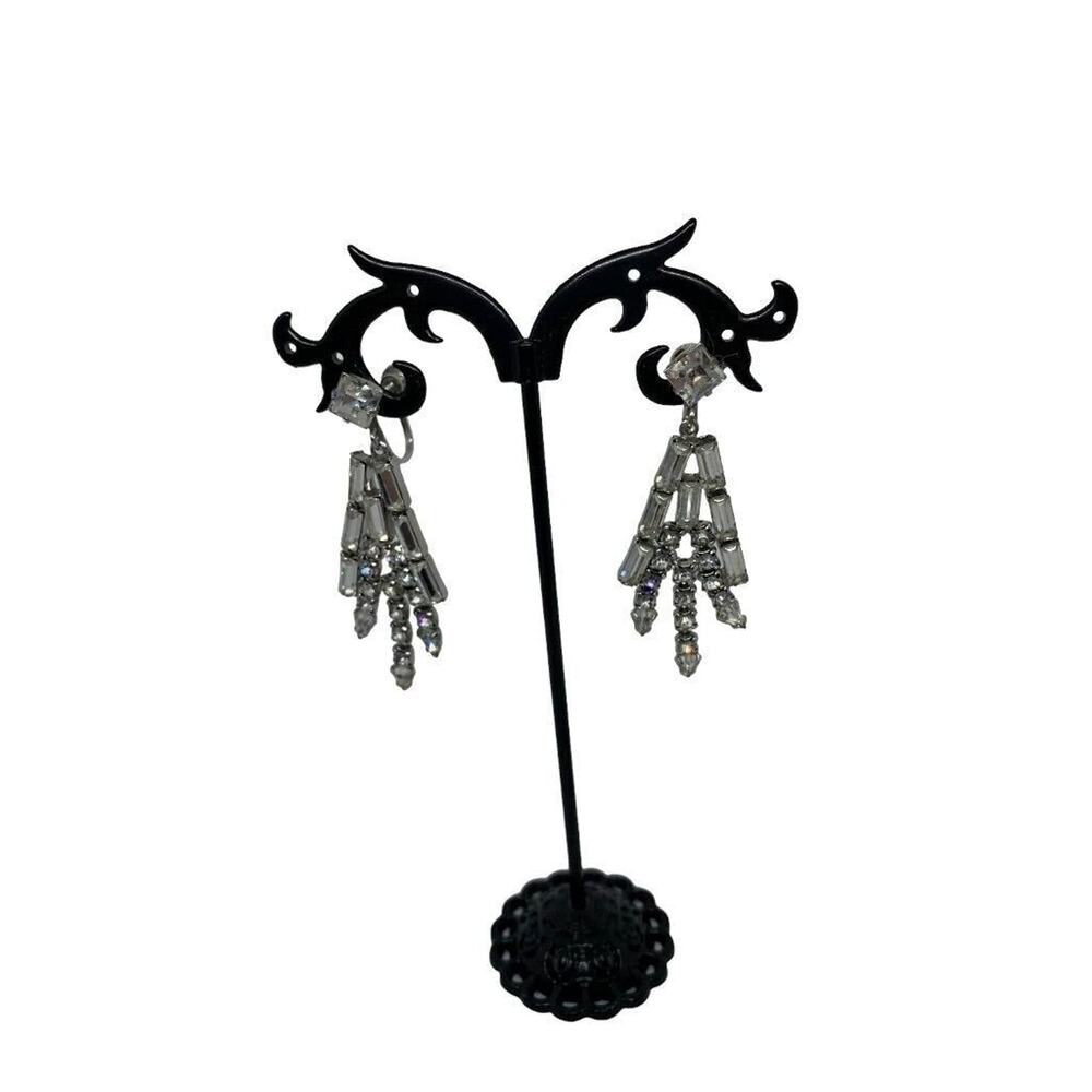 Vintage Rhinestone Earrings Dangle 2" Drop Screwback Non-Pierced - Picture 5 of 8